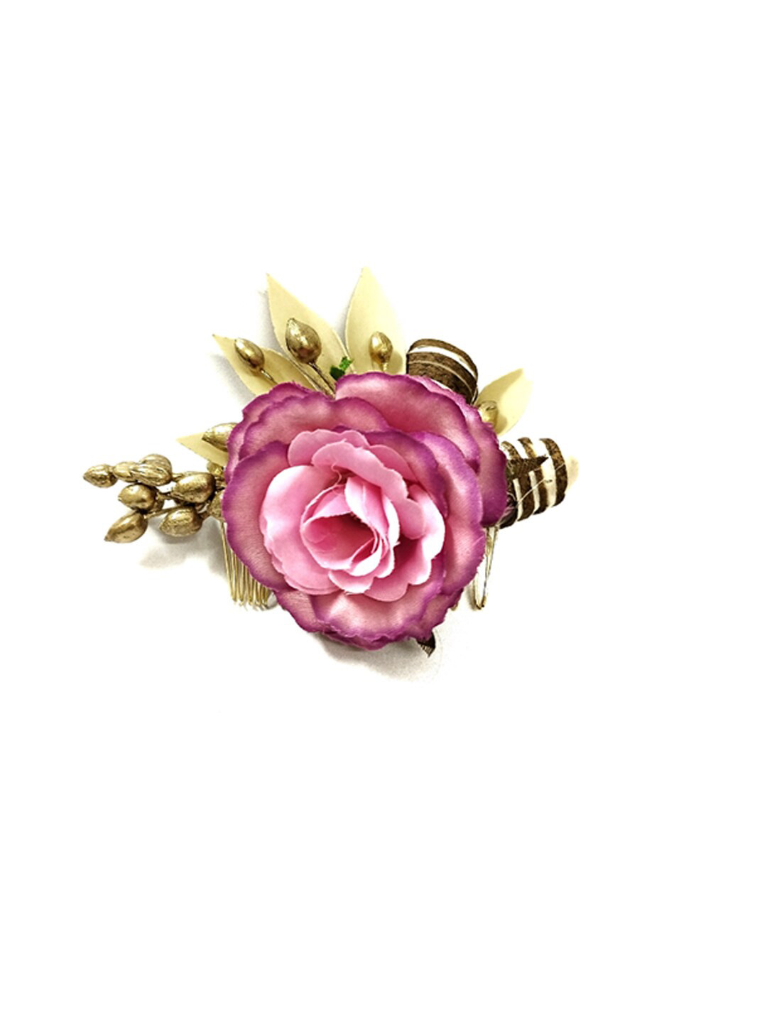 

Hair Flare Artificial Single Rose Flower with Leaf Embellished Hair Accessory, Pink