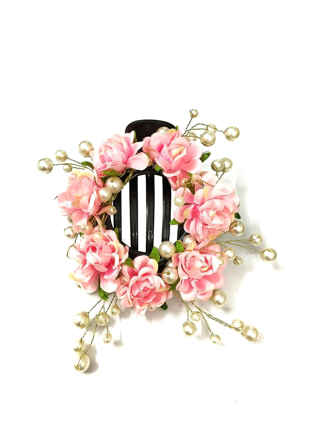 

Hair Flare Women Embellished Artificial Plastic Flowers With White Pearls Claw Clip, Pink