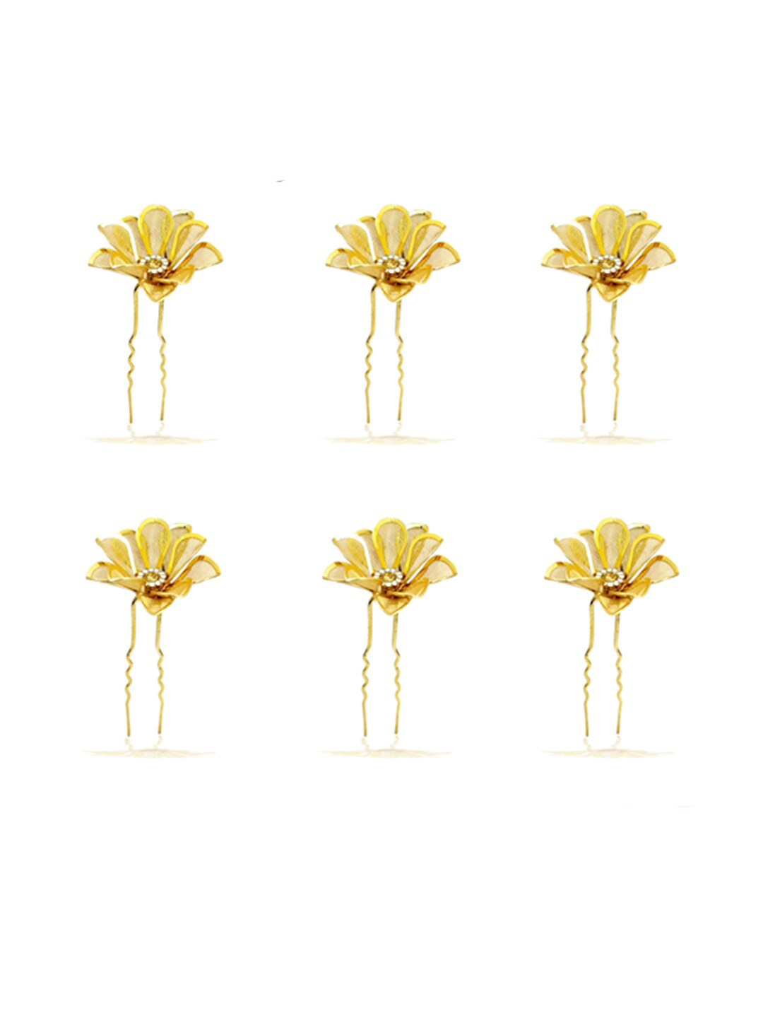 

Hair Flare Women Set Of 6 Artificial Rounded Leaf Designed Flowers With Stones U Pins, Gold