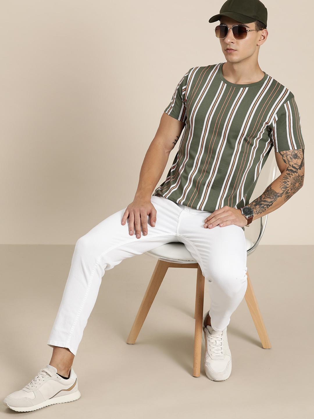 

Moda Rapido Striped Pure Cotton T-shirt, Olive