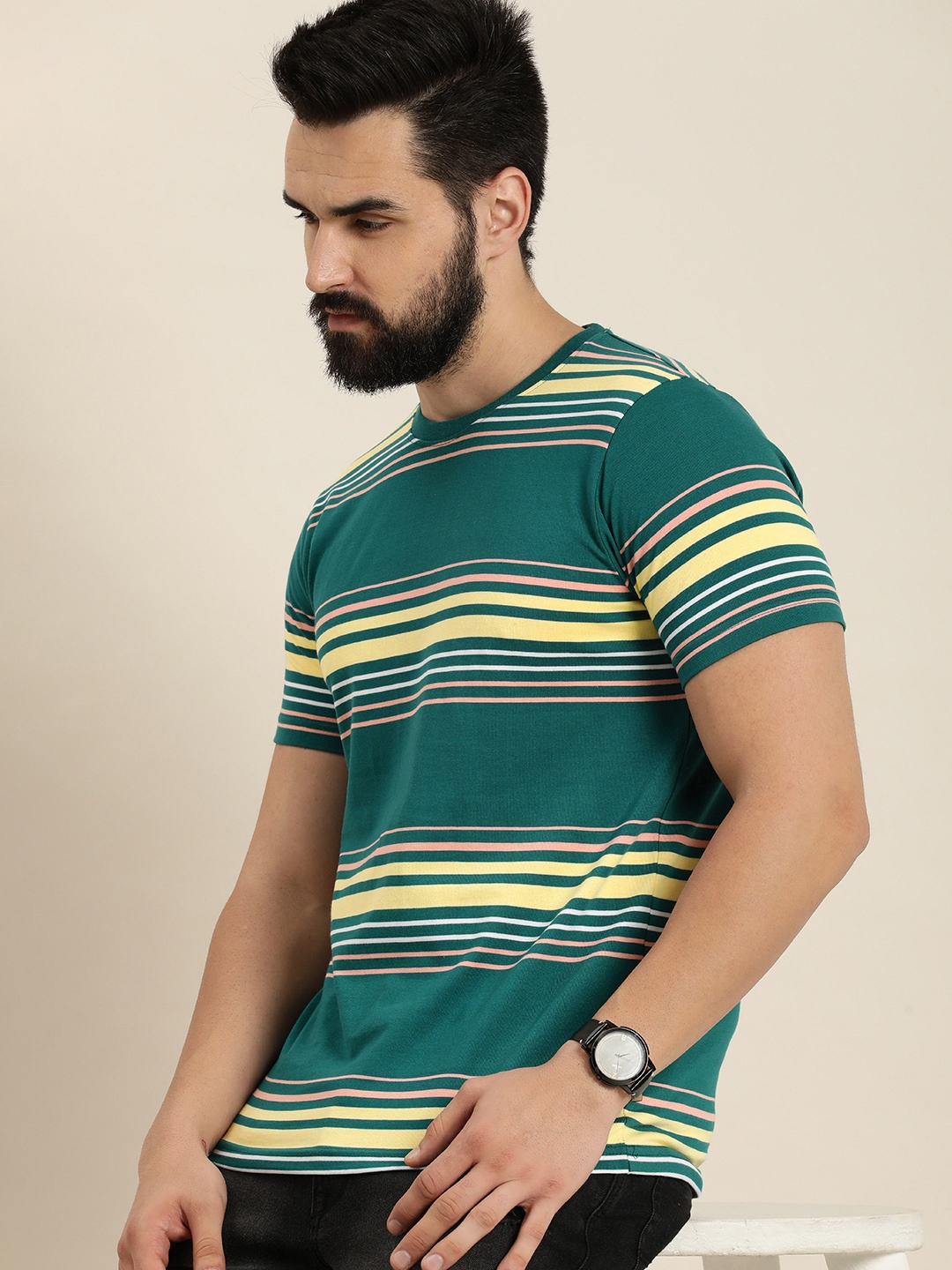 

Moda Rapido Multi Or Variegated Stripes Knitted T-shirt, Teal