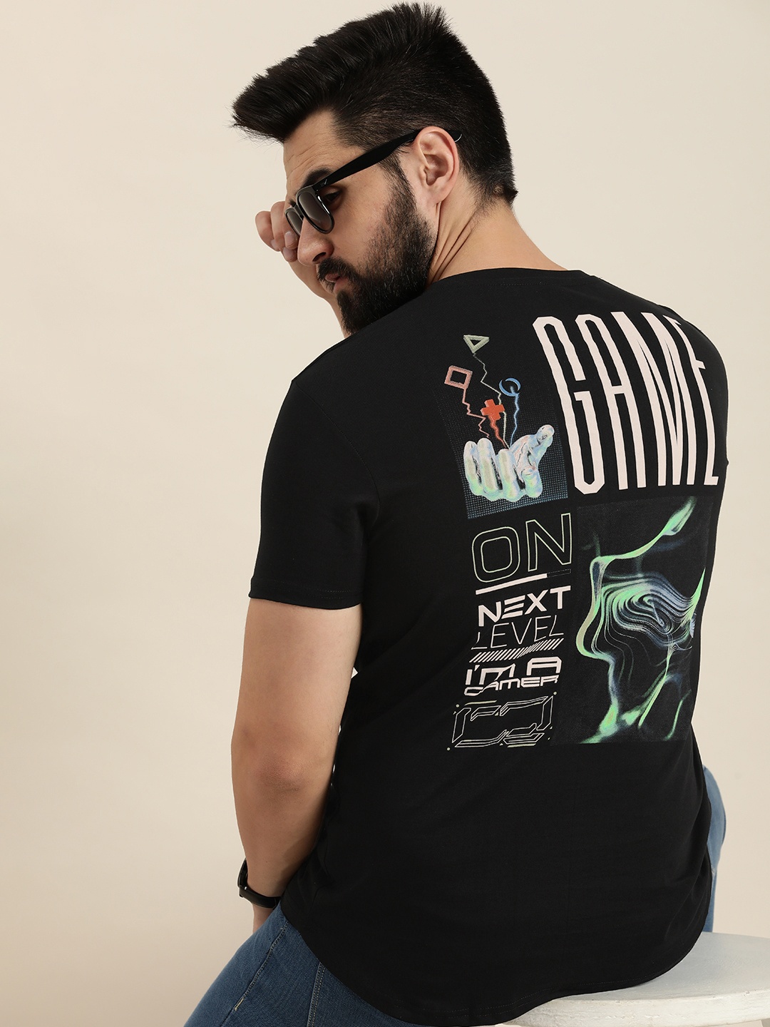 

Moda Rapido Typography Back & Placement Print Knitted Pure Cotton T-shirt, Black
