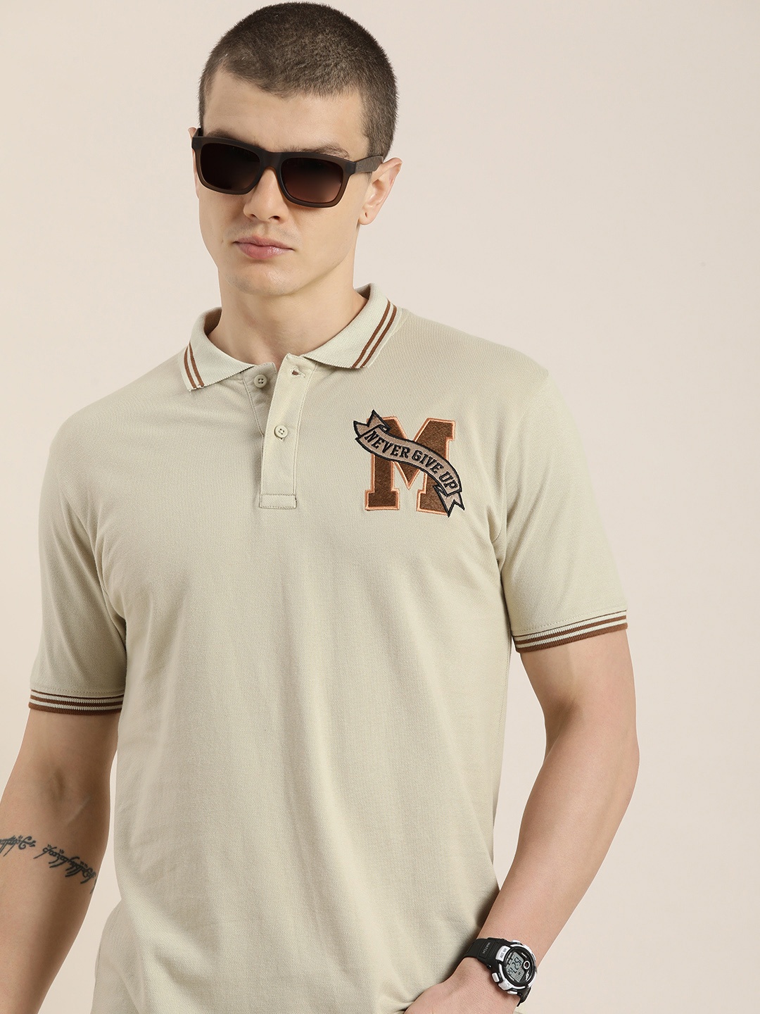 

Moda Rapido Typography Polo Collar Pure Cotton T-shirt, Beige