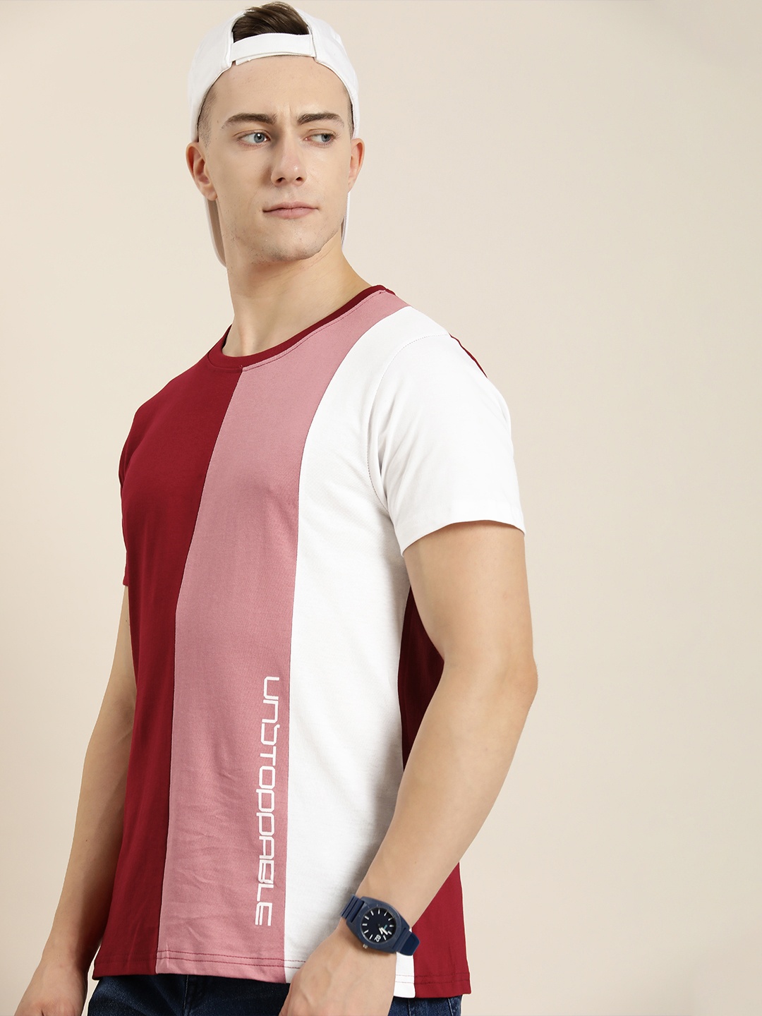 

Moda Rapido Round Neck Typography & Colourblocked Pure Cotton T-shirt, Maroon