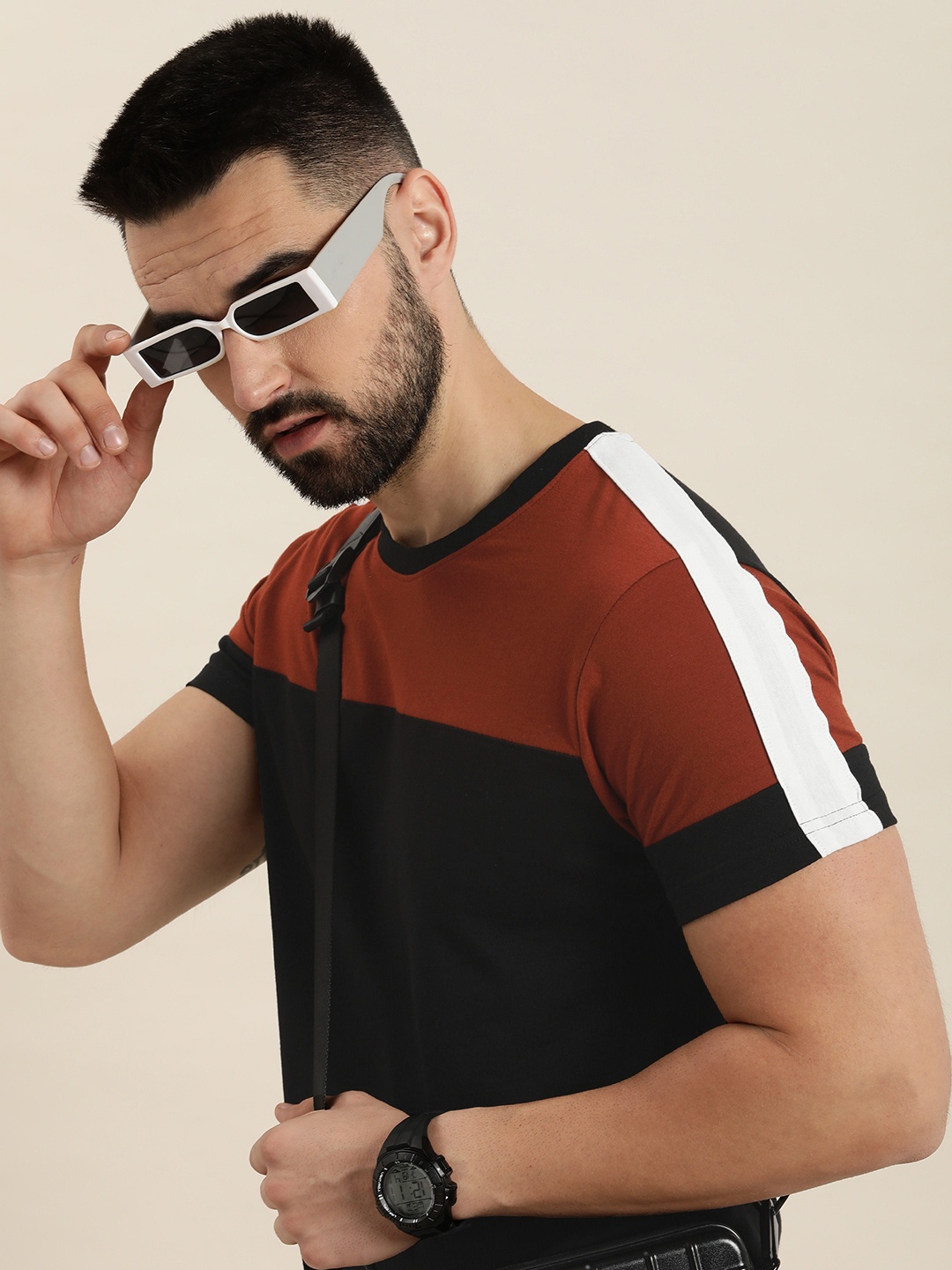 

Moda Rapido Round Neck Colourblocked Casual T-shirt, Black