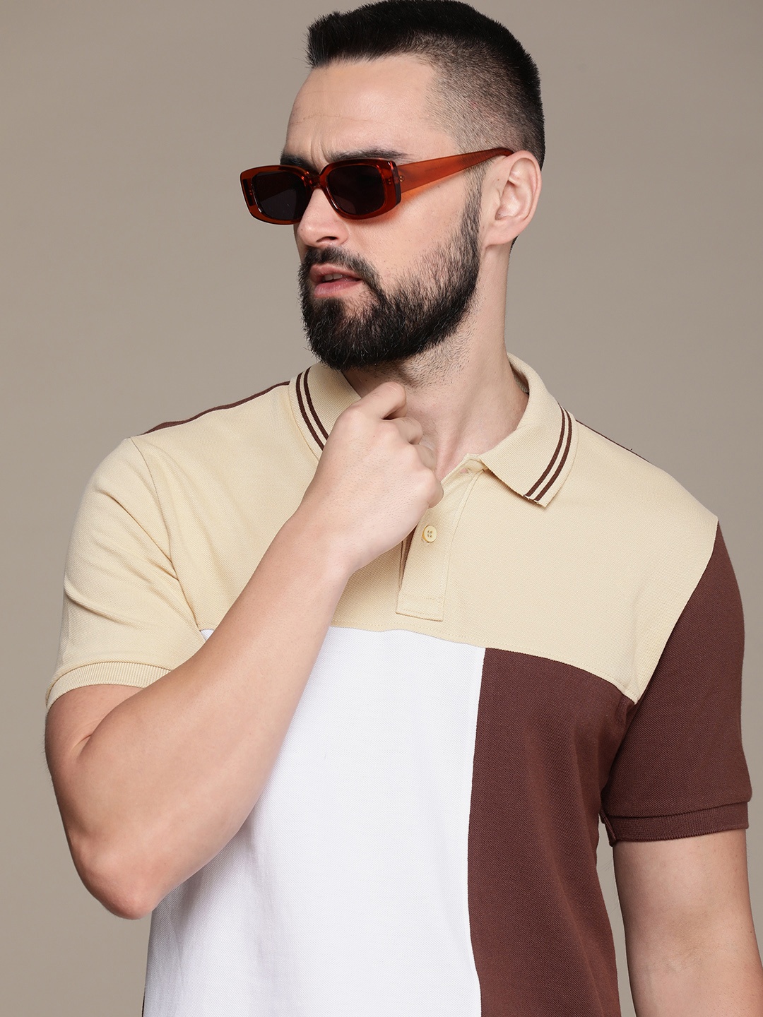 

Moda Rapido Colourblocked Polo Collar Pure Cotton T-shirt, Brown