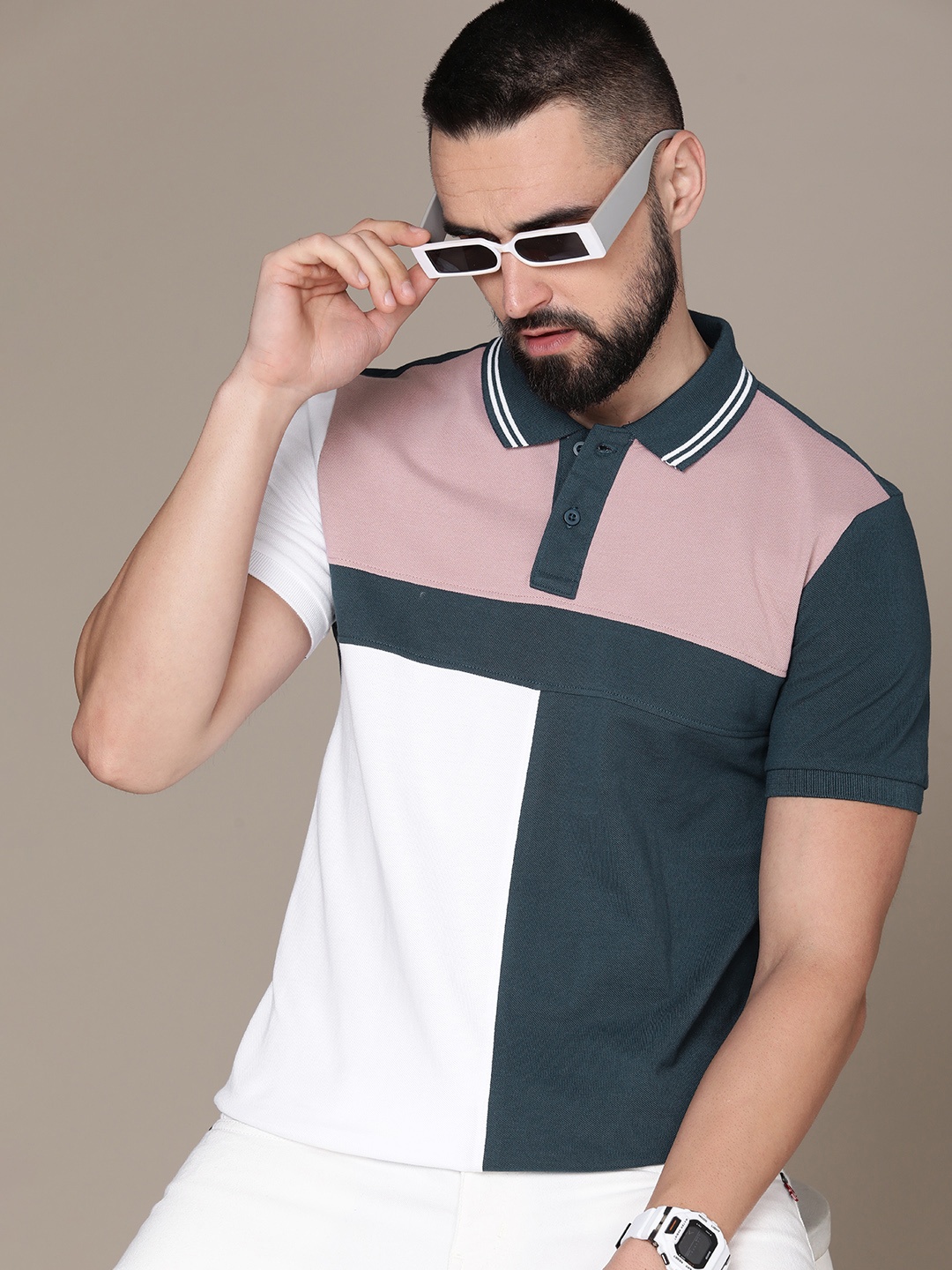 

Moda Rapido Colourblocked Polo Collar Pure Cotton T-shirt, Teal