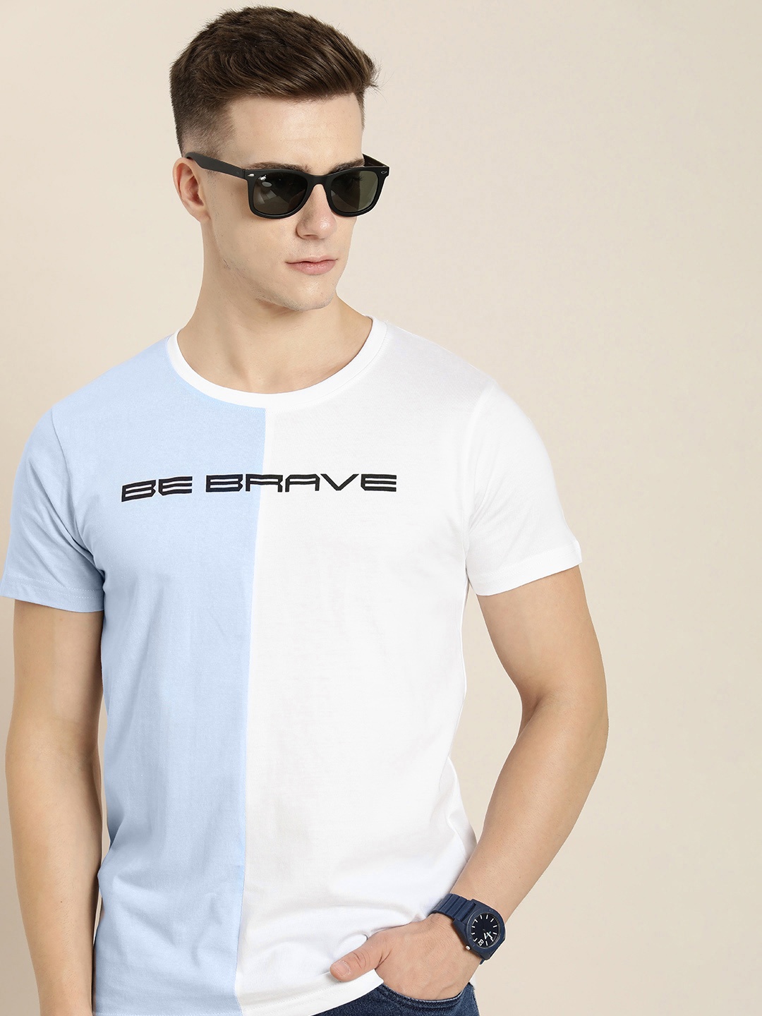 

Moda Rapido Round Neck Typography Printed & Colourblocked Pure Cotton T-shirt, White