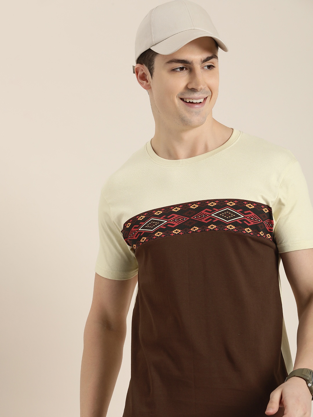 

Moda Rapido Colourblocked Pure Cotton T-shirt, Brown