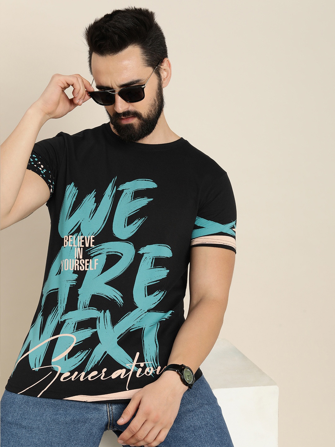 

Moda Rapido Typography Print Knitted Pure Cotton T-shirt, Black