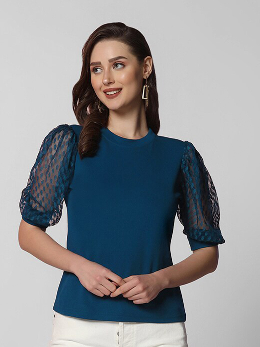 

Selvia Round Neck Puff Sleeves Top, Blue