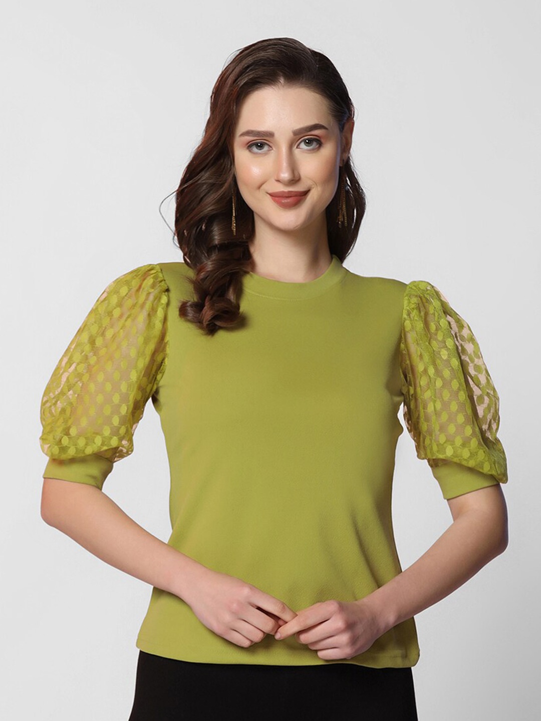 

Selvia High Neck Puff Sleeves Top, Green