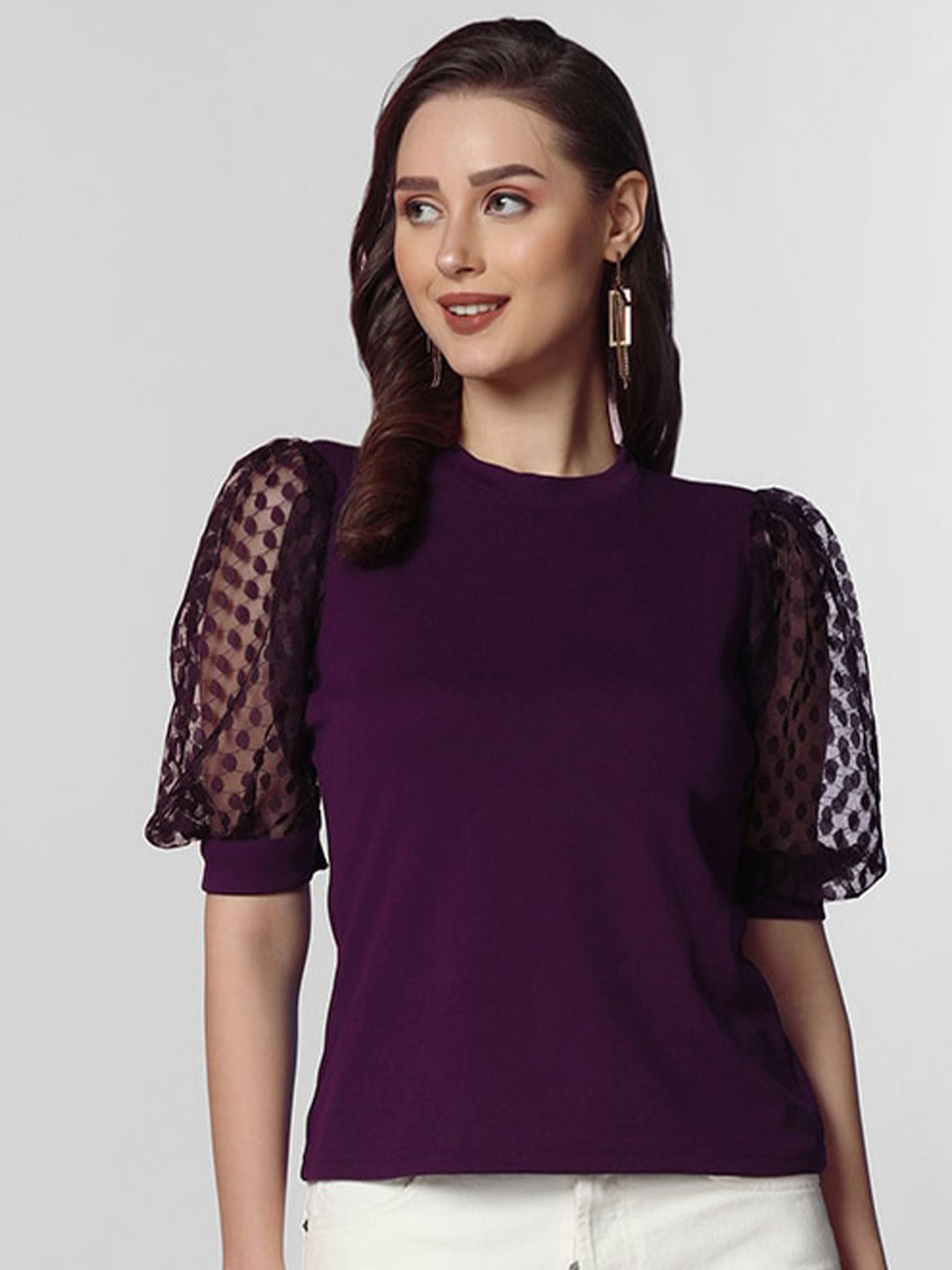 

Selvia Lace Puff Sleeves Casual Top, Purple