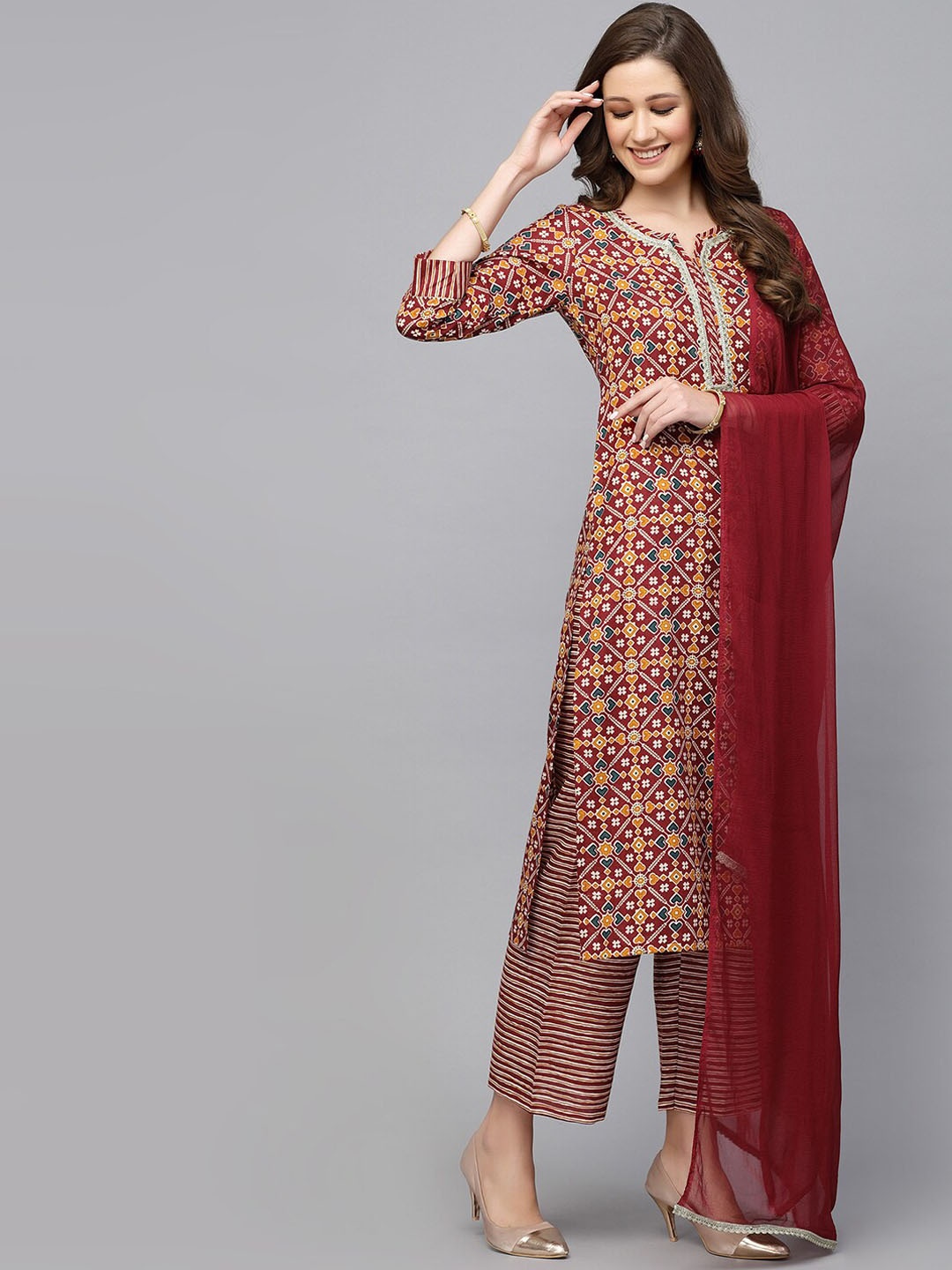 KALINI Ethnic Motifs Printed Thread Work Kurta With Palazzos & Dupatta, Maroon