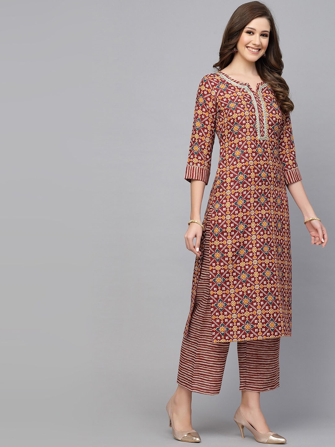 

KALINI Ethnic Motifs Printed Thread Work Kurta With Palazzos & Dupatta, Maroon
