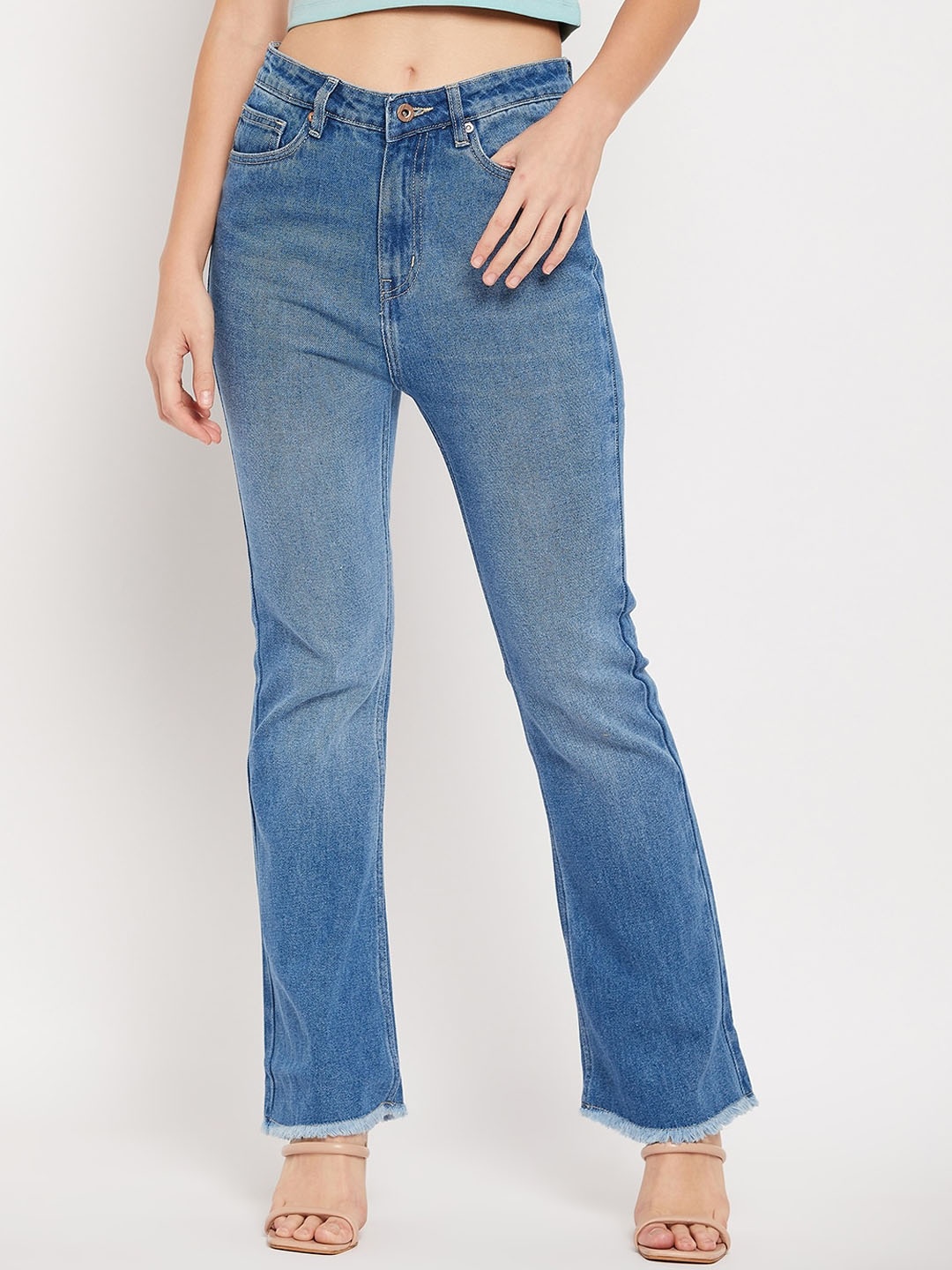 

CAMLA Women Mid-Rise Light Fade Cotton Bootcut Jeans, Blue