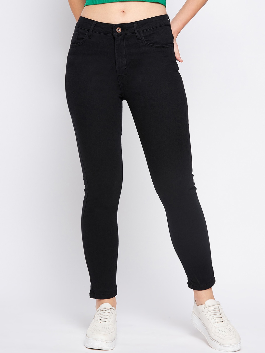 

CAMLA Women Skinny Fit Mid-Rise Clean Look Cotton Jeans, Black