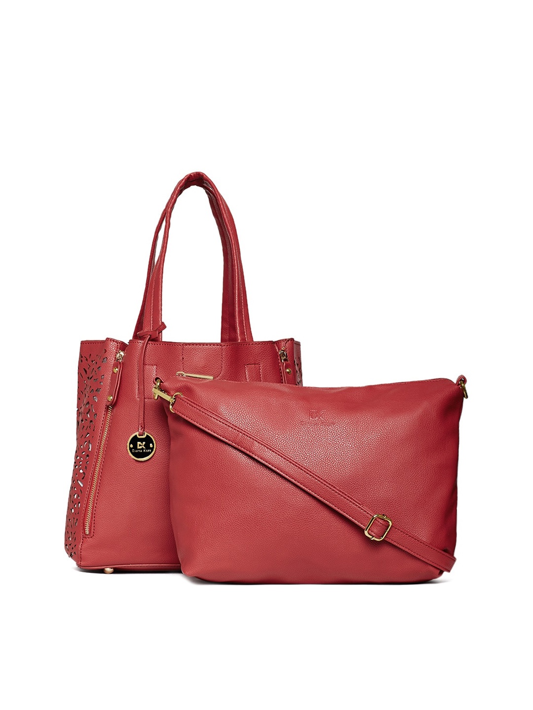 

Diana Korr Pack Of 2 Textured Structured Tote Bag With Cut Work, Red