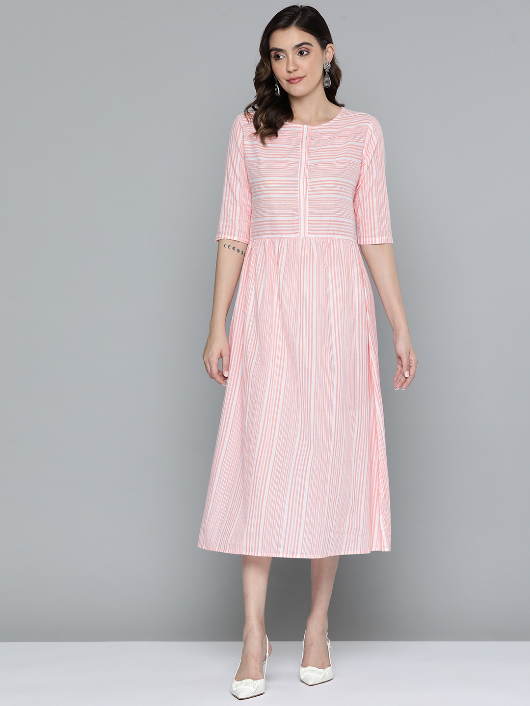 

HERE&NOW Striped Fit & Flare Pure Cotton Midi Dress With Cut-Out Detail, White
