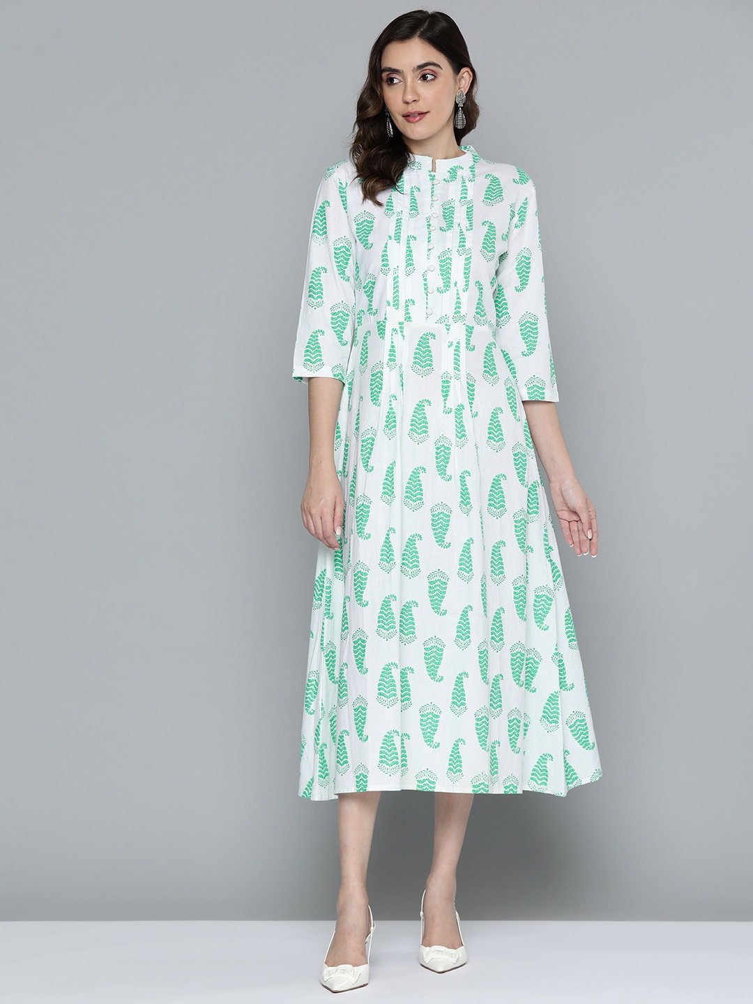 

HERE&NOW Ethnic Motifs Print Mandarin Collar A-Line Pure Cotton Midi Dress, White