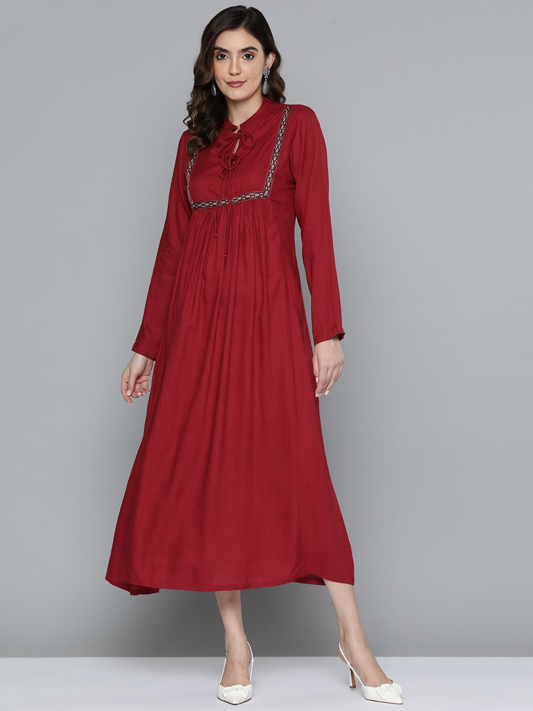 

HERE&NOW Embroidered Tie-Up Neck A-Line Midi Dress, Maroon