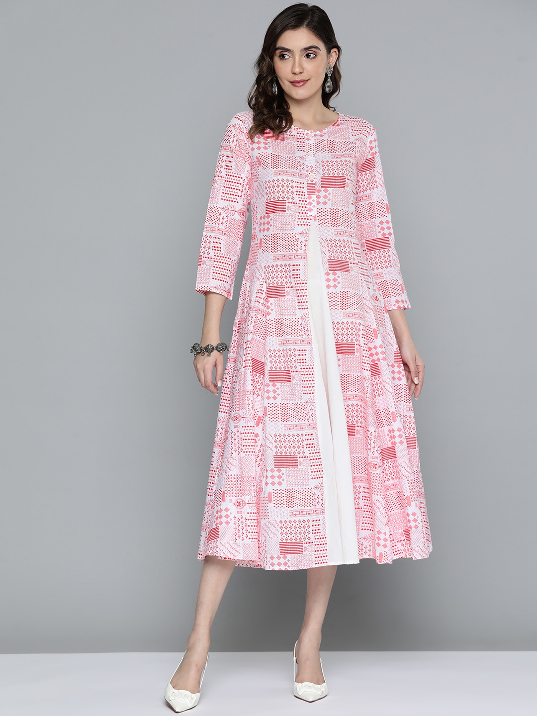 

HERE&NOW Geometric Print A-Line Pure Cotton Midi Dress, White