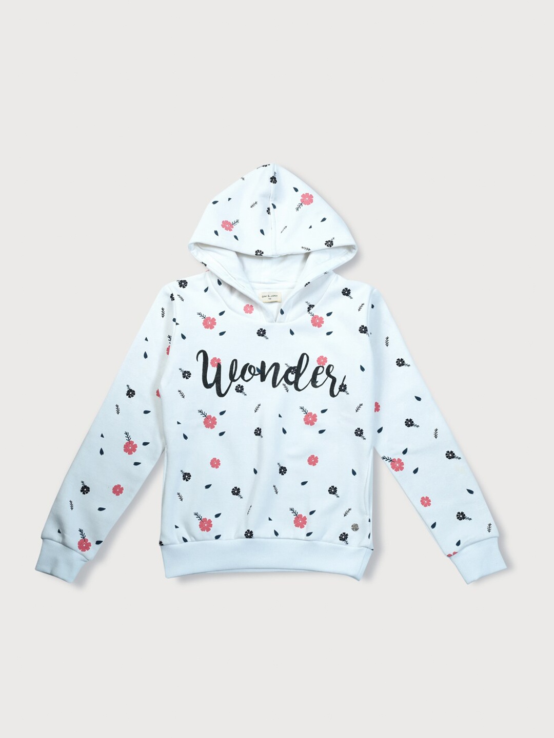 Gini and Jony Girls Printed Cotton Hooded Sweatshirt, White