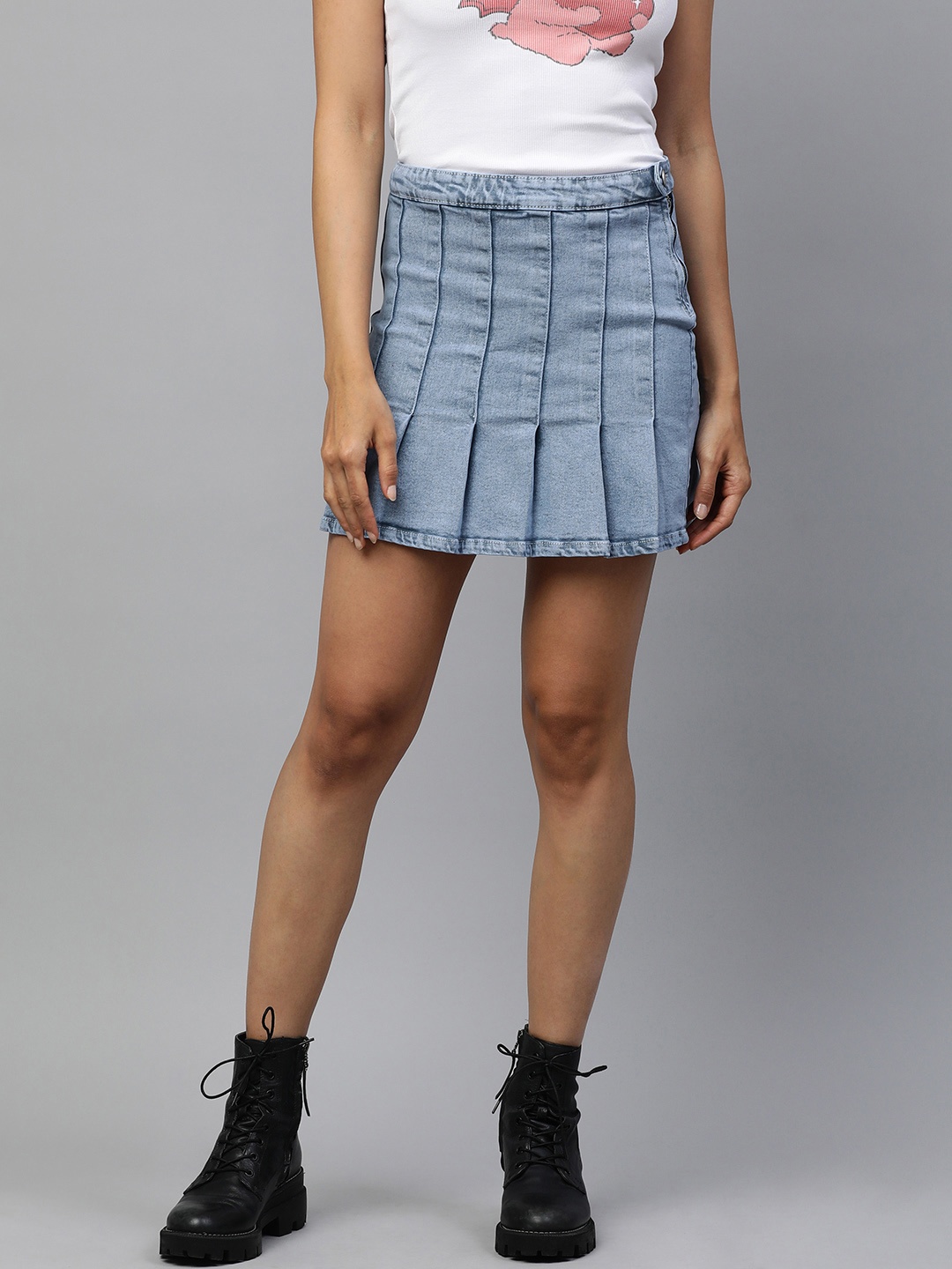 

London Rag Women Pleated Denim A-Line Mini Skirt, Blue