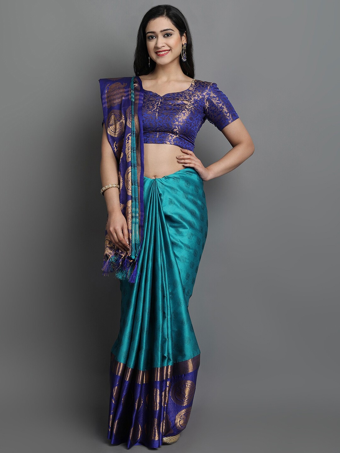 

VILLAGIUS Ethnic Motifs Woven Design Zari Silk Cotton Saree, Blue