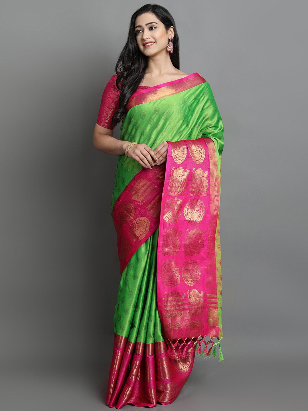 

VILLAGIUS Ethnic Motifs Woven Design Zari Silk Cotton Saree, Green