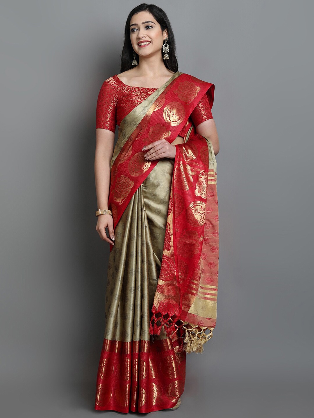 

VILLAGIUS Ethnic Motifs Woven Design Zari Silk Cotton Saree, Beige