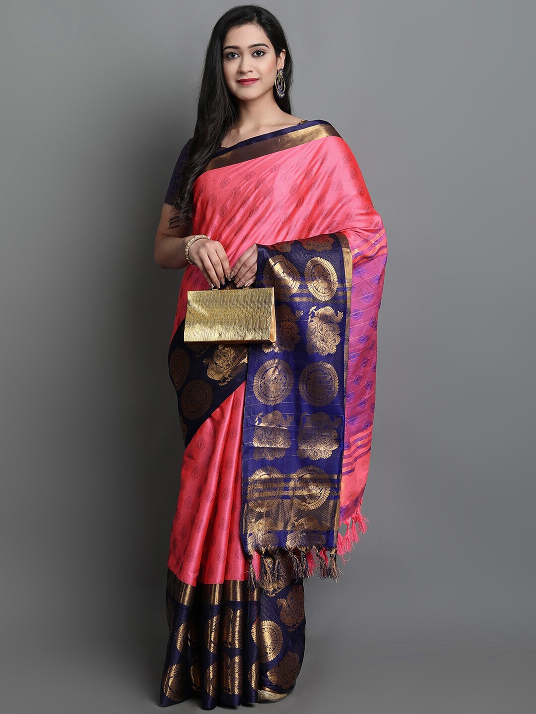 

VILLAGIUS Ethnic Motifs Woven Design Zari Silk Cotton Saree, Pink