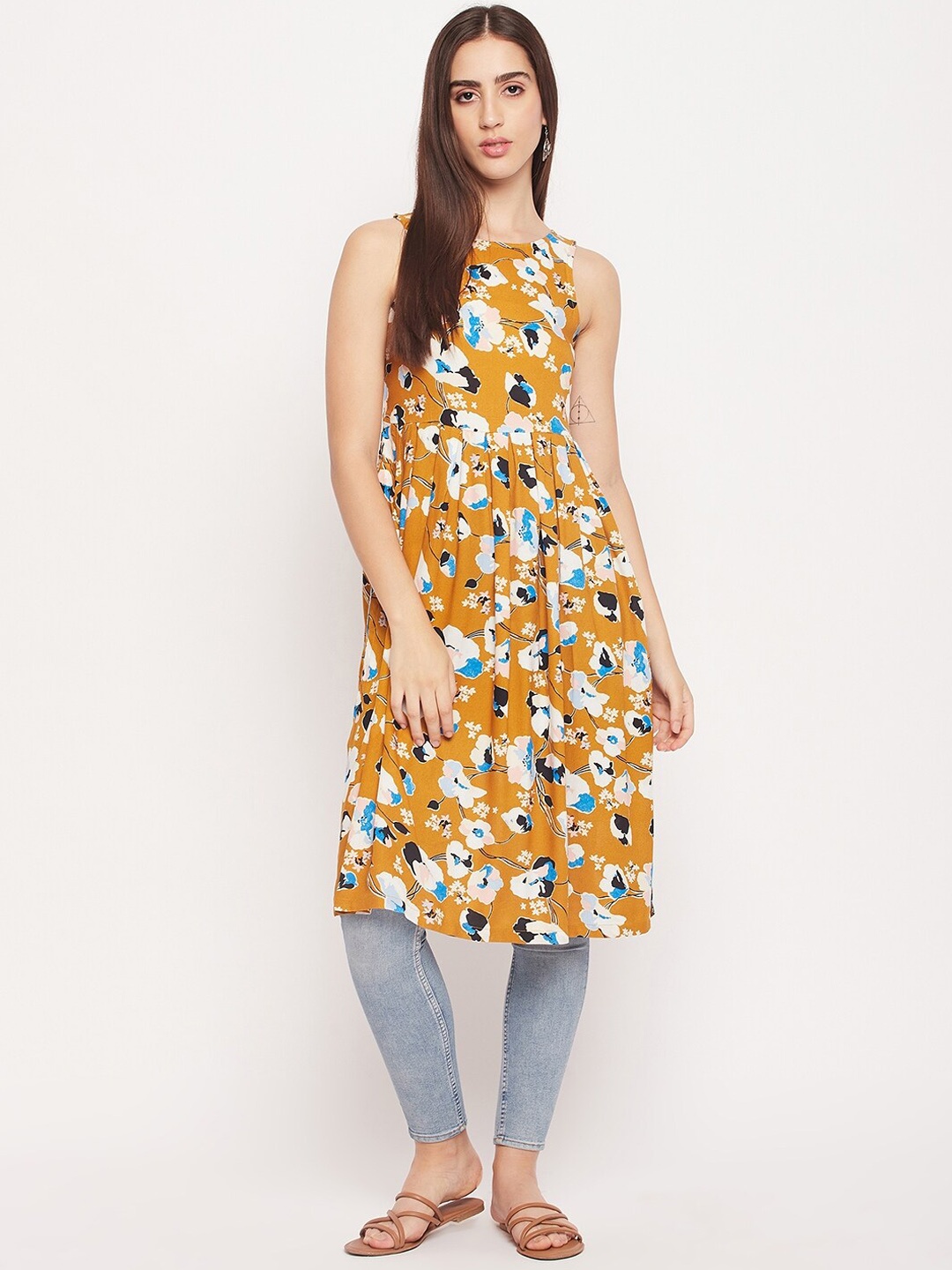 

NABIA Sleeveless Floral Printed A-Line Kurta, Mustard