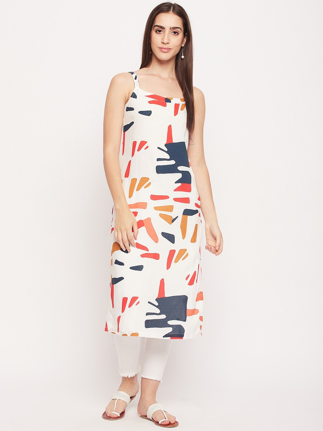 

NABIA Sleeveless Abstract Printed Straight Kurta, Off white