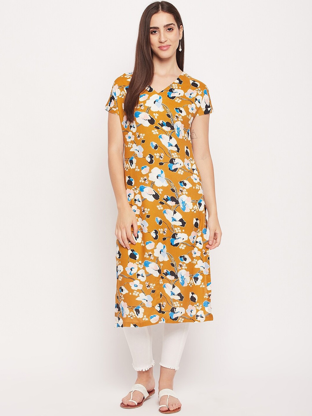 

NABIA Extended Sleeves Floral Printed Straight Kurta, Mustard