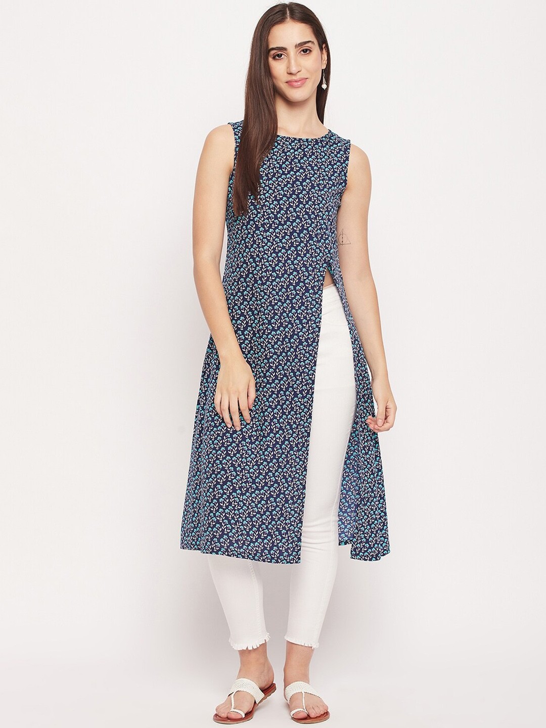 

NABIA Sleeveless Floral Printed A-Line Kurta, Blue