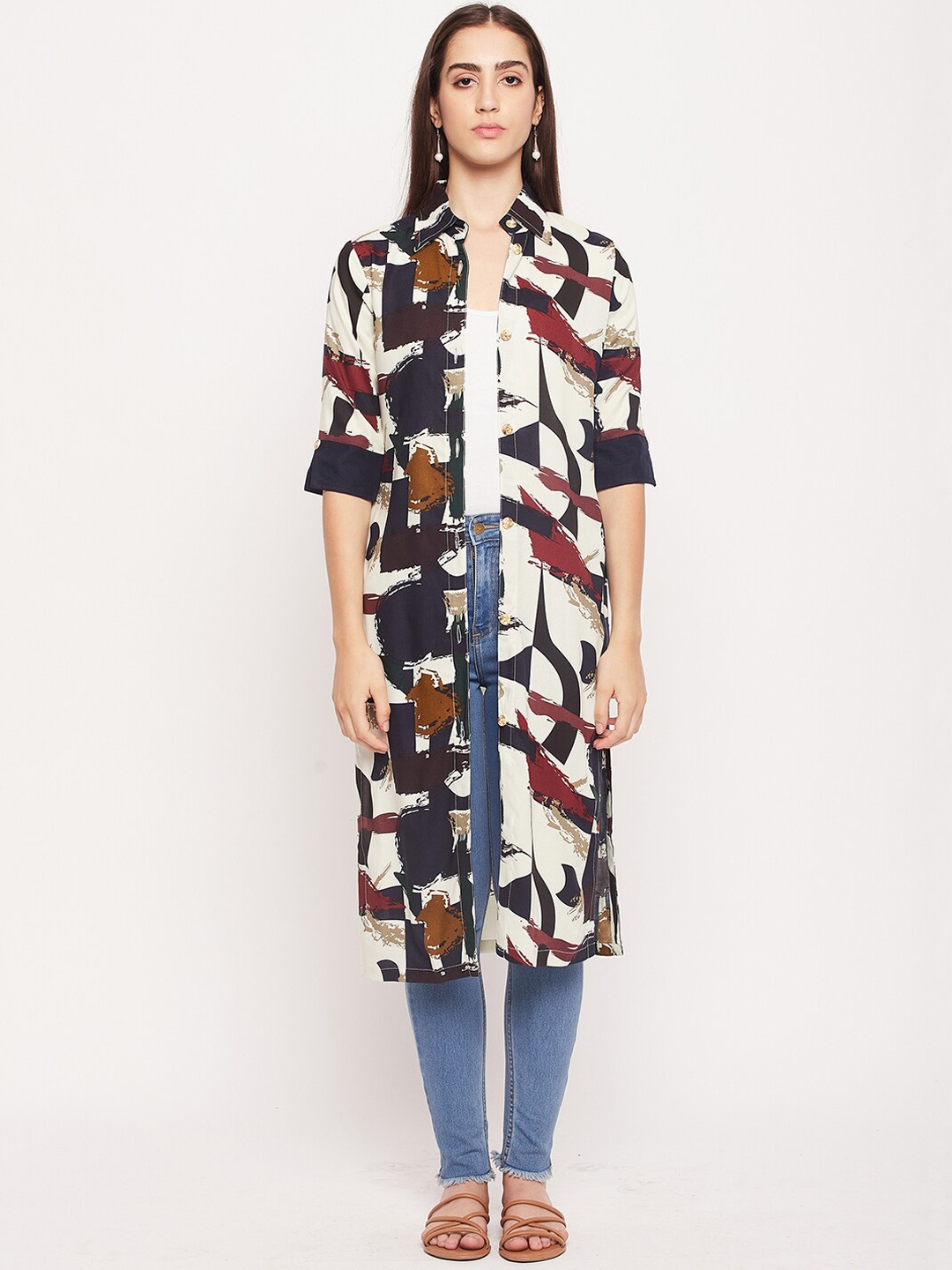 

NABIA Shirt Collar Abstract Printed Front Open Straight Kurta, Off white