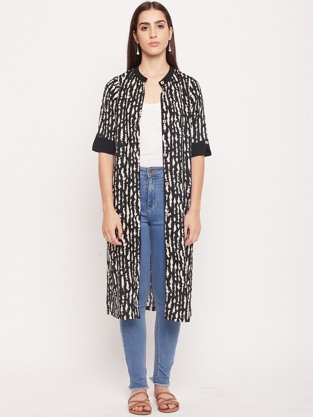 

NABIA Band Collar Abstract Printed Front Open Kurta, Black