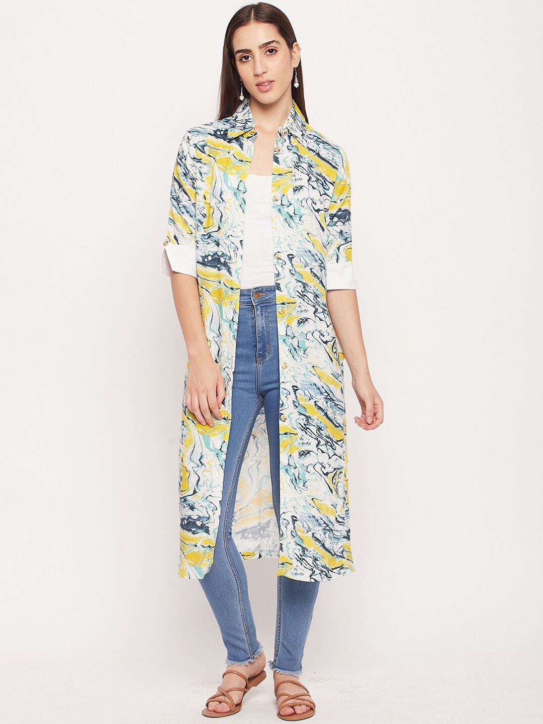 

NABIA Shirt Collar Abstract Printed Front Open Straight Kurta, White