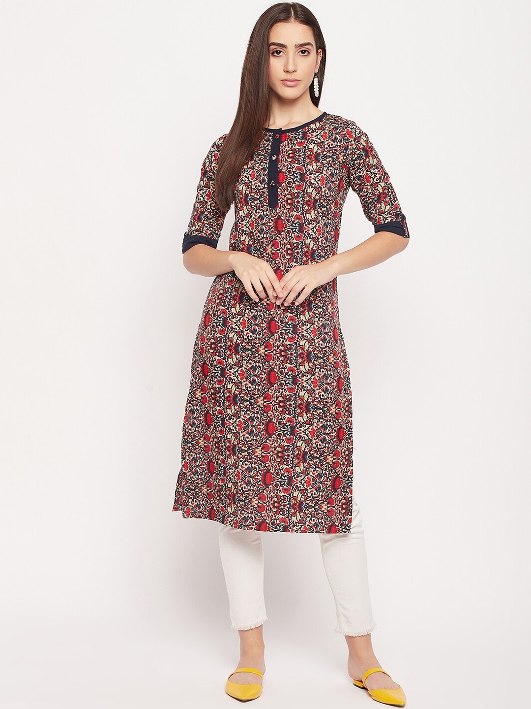 

NABIA Roll-Up Sleeves Floral Printed Straight Kurta, Beige