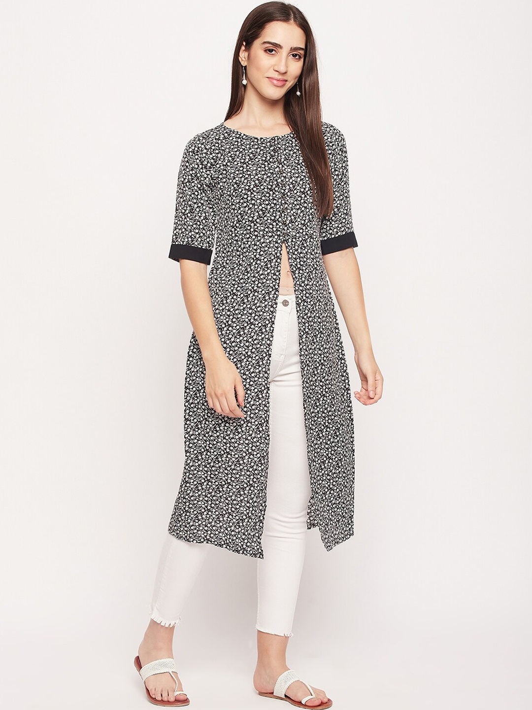 

NABIA Floral Printed High Slit Kurta, Black