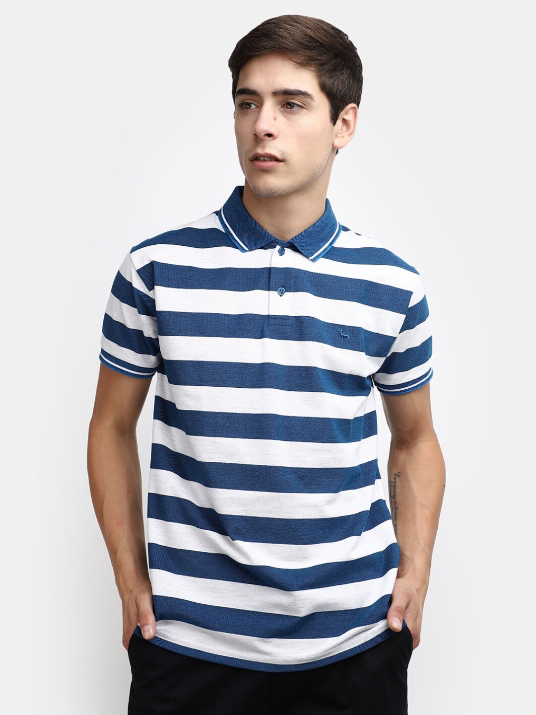 

V-Mart Striped Polo Collar Cotton T-shirt, Blue