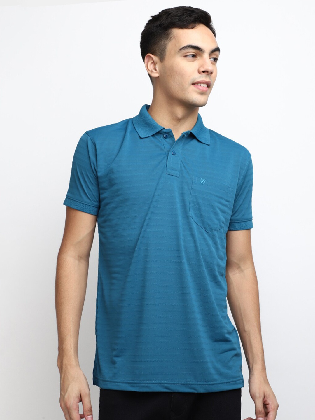 

V-Mart Men Striped Polo Collar T-shirt, Teal