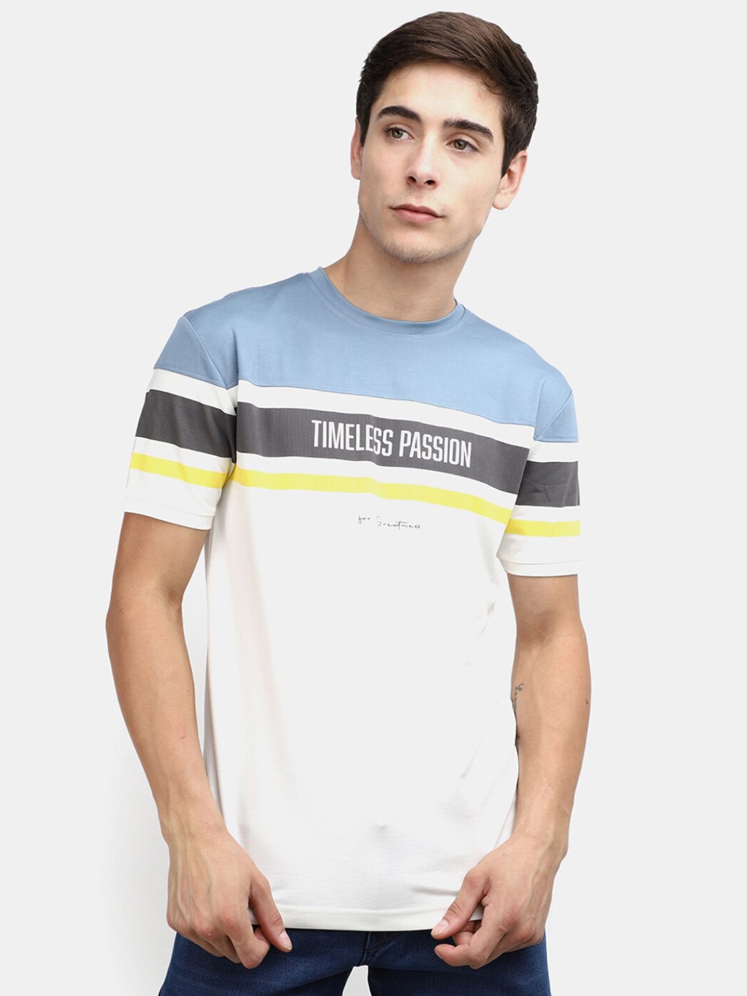 

V-Mart Colourblocked Slim Fit Casual Cotton T-shirt, Blue