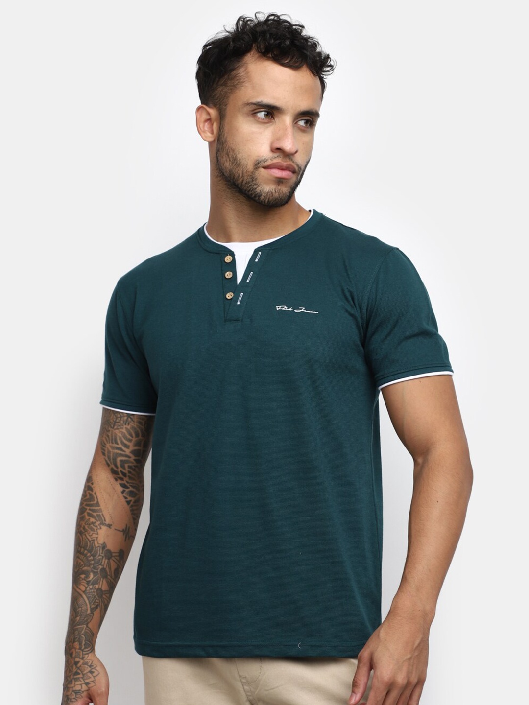 V-Mart Henley Neck Slim Fit Cotton T-shirt, Green