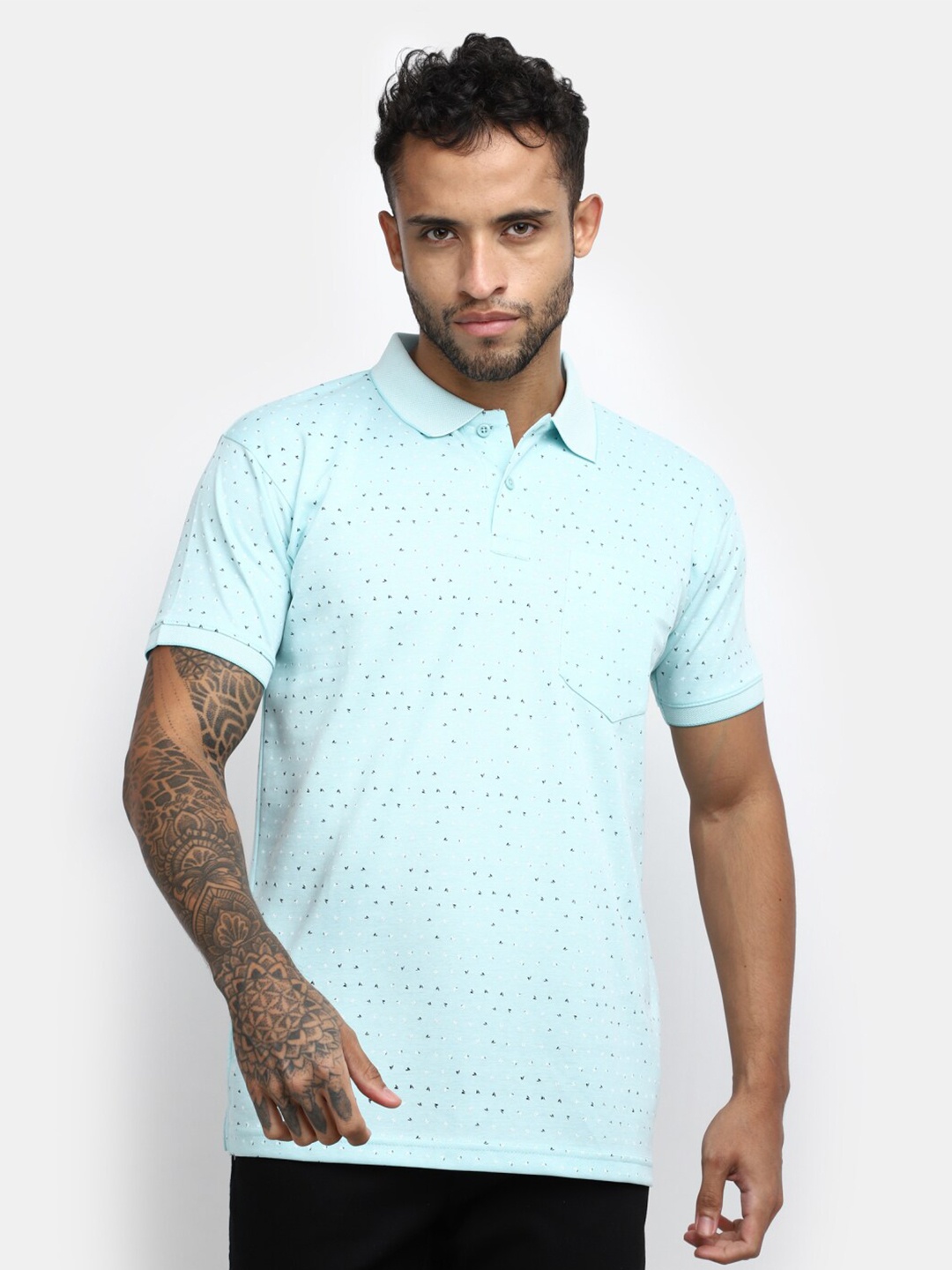

V-Mart Micro Ditsy Printed Polo Collar Cotton T-shirt, Turquoise blue