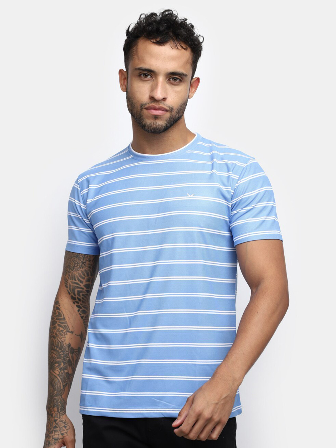 

V-Mart Striped Slim Fit Round Neck Cotton T-shirt, Blue
