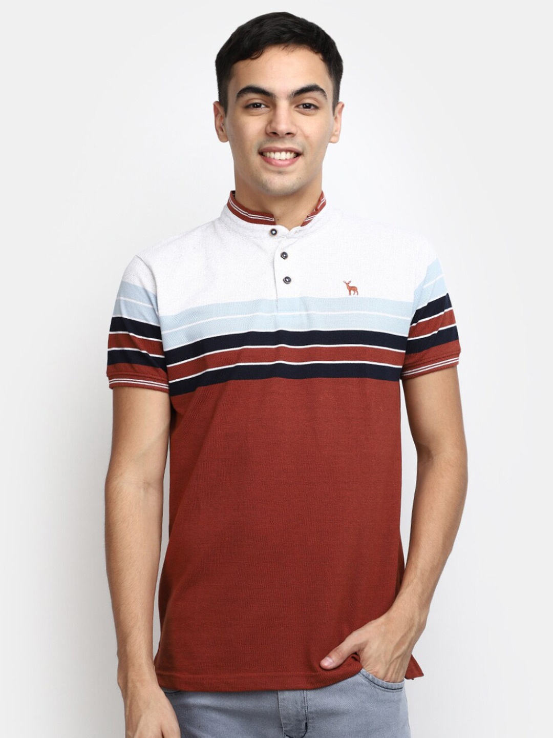 

V-Mart Men Colourblocked Cotton Henley Neck T-shirt, Rust