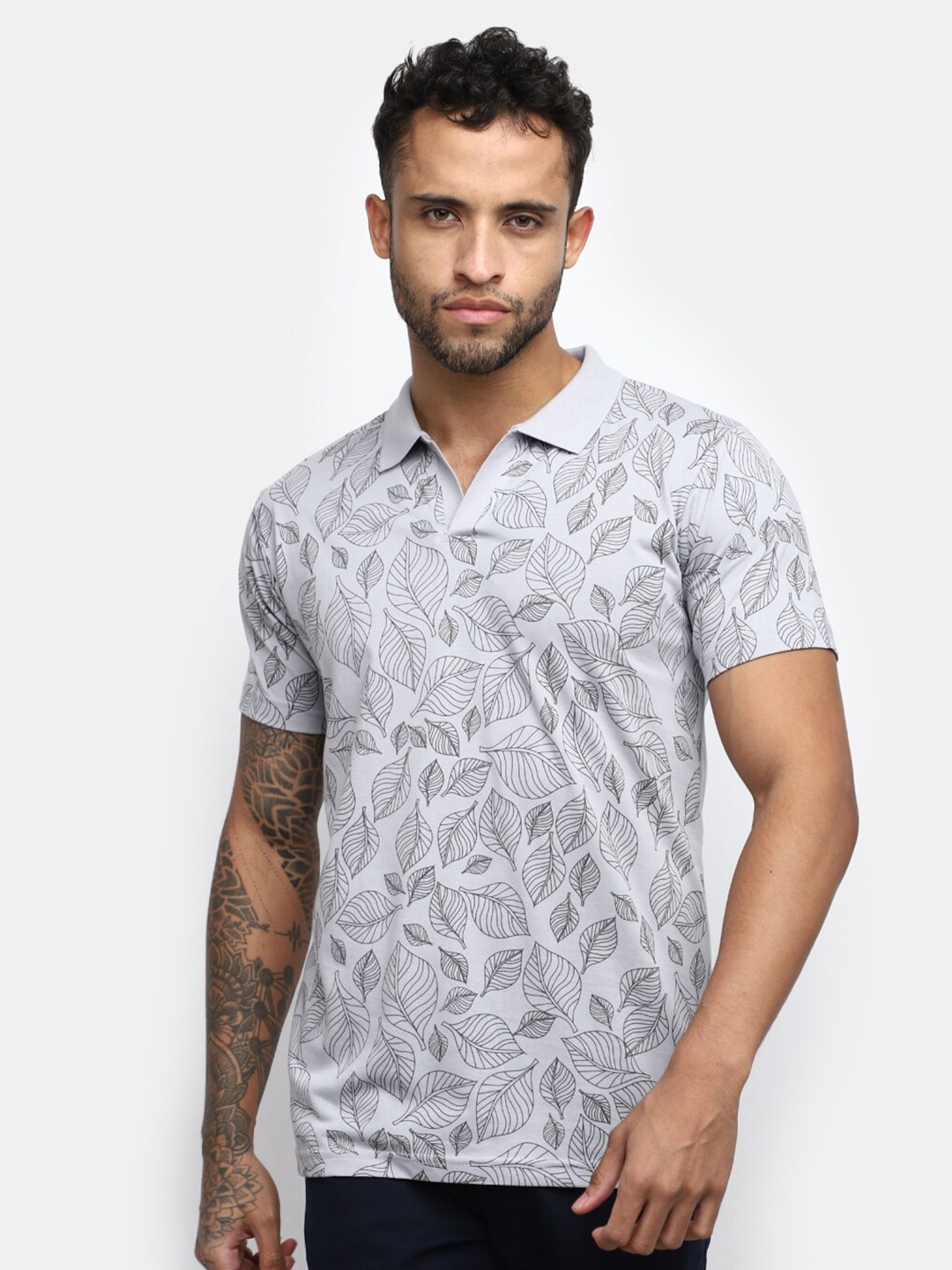 

V-Mart Floral Printed Polo Collar Cotton Slim Fit T-shirt, Grey