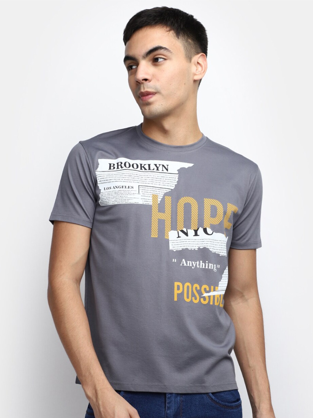 

V-Mart Men Typography Printed Slim Fit Cotton T-shirt, Grey